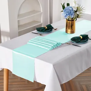 Dettaglio runner da tavola in satin verde menta con texture liscia per decorazione.