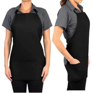 Grembiule nero con 3 tasche e spallacci regolabili per dettagli di cucina e ristorante.