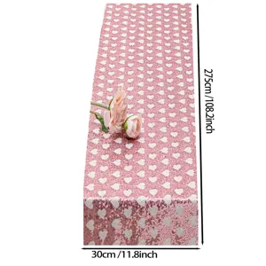 Camino de mesa de lentejuelas rosas con corazones, 275x30cm decoración brillante para fiestas.