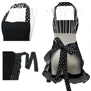 Korean style cute black and white polka dot apron with bow and ruffles for kitchen cooking.