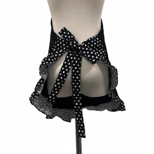 Cute black white polka dot apron with big bow and ruffles kitchen cooking baking retro style dress.