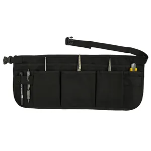 Black multi-pocket utility tool apron detail view, adjustable belt with handy tool holders.