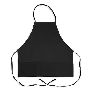 Vista di dettaglio del grembiule da cucina nero con laccetti regolabili e comode tasche.