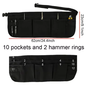 Adjustable black utility tool waist apron with multiple pockets for carpenters and electricians.
