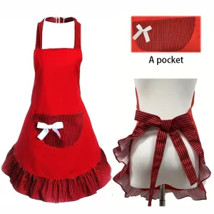 Red cute princess apron with black striped ruffles and white bow for kitchen cooking details