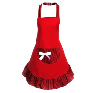 Cute red kitchen apron with black vertical stripes and sweet white bow, perfect cooking wear.