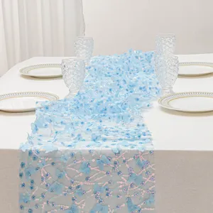 Stupendo runner da tavolo blu con farfalle 3D e paillettes per decorazione di feste e cene.