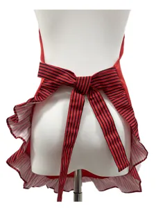 Red black striped apron detail showcasing the elegant back bow and ruffled hemline design.