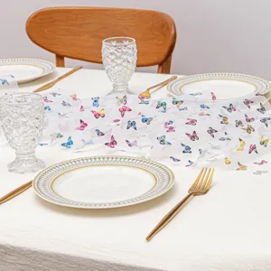 Runner da tavola in tulle con farfalle colorate, tessuto decorativo per matrimoni.