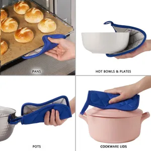 Blue quilted oven mitt and pot holder set for safe cooking and baking handling hot items.