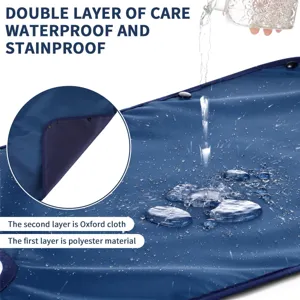 Adult waterproof clothing protector detail view, double layer fabric, blue bib for elderly care.
