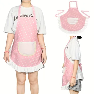 Women Cute Pink Polka Dot Apron With White Ruffle Trim And Front Pocket Fashion Home Cooking Kitchen Bib Dress