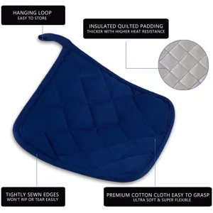 Blue quilted cotton kitchen hot pad with hanging loop and heat resistant padding for cooking.