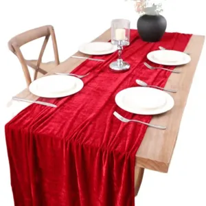 Red velvet table runner for wedding party dining table decoration, soft luxury fabric table cloth.