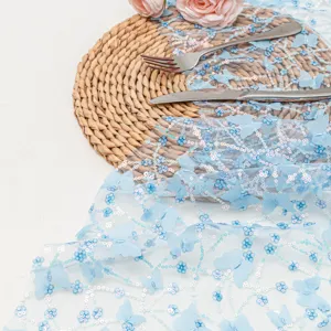 Corsia da tavola con paillettes a farfalla 3D blu tessuto a rete elegante per festa
