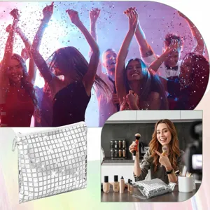 Silver sequin grid PU leather makeup bag fashionable cosmetic pouch for travel daily use.