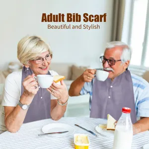 Adult dining bib scarf detail, waterproof double layer design for elderly care and meals.
