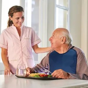 Elderly care mealtime scene showing adult bib protector usage and clothing care details.