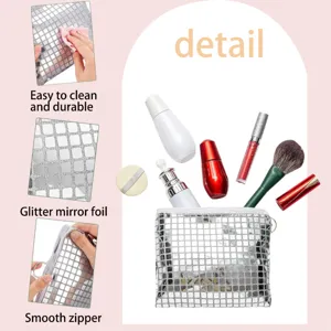 Silver mirror sequin cosmetic bag with smooth zipper, waterproof and durable makeup pouch storage.