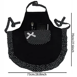 Black and white polka dot kitchen apron with ruffled hem, cute bow pocket, size 70x73cm.