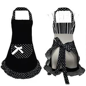 Cute black and white polka dot kitchen apron with bow and ruffles for cooking baking