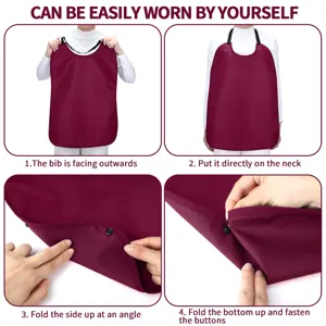 Adult waterproof bib crumb catcher with neck strap and snap buttons for elderly care.