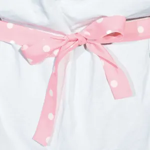 Pink polka dot apron bow detail, cute kitchen cooking smock waist belt accessory.