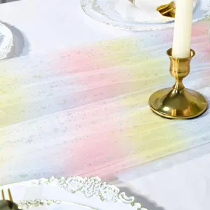 Pink yellow blue gradient sequin table runner detail, elegant party wedding table decor.
