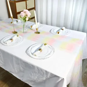 Detailed view of pastel rainbow sequin table runner for party wedding dining table decoration.