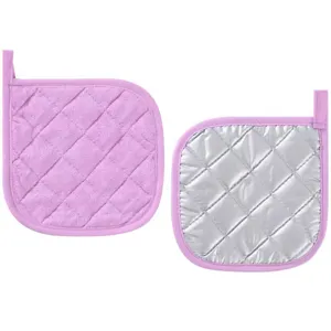 Kitchen pot holder heat resistant pad with hanging loop, double sided purple and silver design.