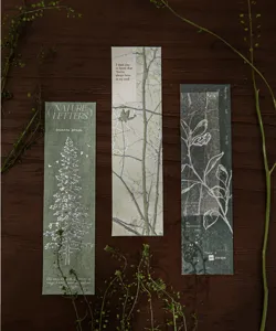 Detailed view of vintage embossed nature-themed bookmarks featuring poetic English quotes