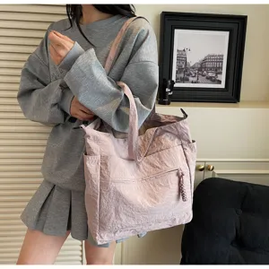 Borsa tote casual rosa di grande capacità per pendolari e studenti, tessuto nylon