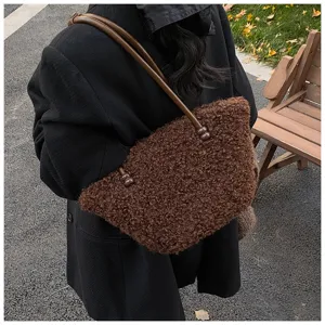 Elegant brown faux lamb wool fuzzy underarm tote bag with leather strap for autumn/winter