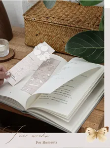 Close-up detail of vintage relief bookmarks with floral designs inside an open book