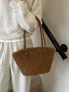 Casual faux lambswool shoulder bag in brown, fuzzy winter tote for women