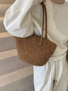 Chic brown faux shearling fluffy tote bag for women with elegant thin leather straps