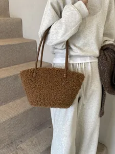 Stylish brown faux lamb wool teddy fleece handbag for women in autumn winter season