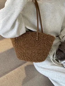 Cozy brown faux lamb wool fuzzy shoulder bag for women autumn winter fashion style