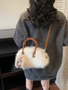 White fuzzy plush Boston bag for women, fluffy faux fur shoulder bag with bunny charm