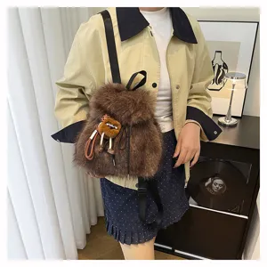 Women winter plush backpack soft furry small school bag cute brown daypack for girls
