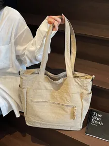 Borsa Tote in Tela Stile Collegiale Grande Capacità Borsa a Spalla Casual Multi Tasca Per Scuola Pendolarismo Donna Borsa Spesa