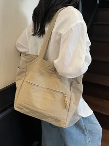 Borsa tote beige grande capacità in nylon per donna pendolare o per la scuola