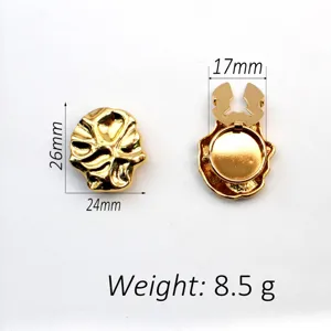 Gold irregular metal shirt button and snap clasp with clear dimension and weight details.