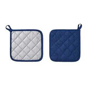 Kitchen pot holders set with silver coated fabric and blue towel cloth for heat insulation.