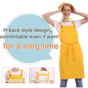 Detail shot of yellow apron showing adjustable shoulder straps and comfortable H-back style.