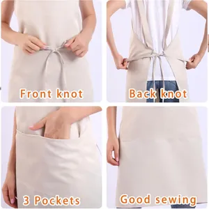 Adjustable polyester work apron with three pockets and secure front and back knot design.