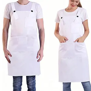 Adjustable white work apron with double shoulders and multiple pockets for restaurant waiters.