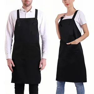 Adjustable Polyester Apron With Pockets Cross Back Bib Apron For Restaurant Chef Waiter Kitchen Cooking Baking Home Work