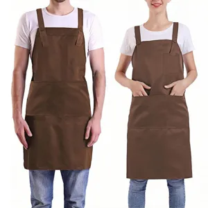 Brown adjustable polyester work apron with multi pockets for restaurant chef and kitchen service.