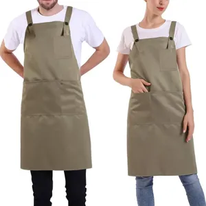 Adjustable cross back apron with multiple pockets for restaurant staff and work use.